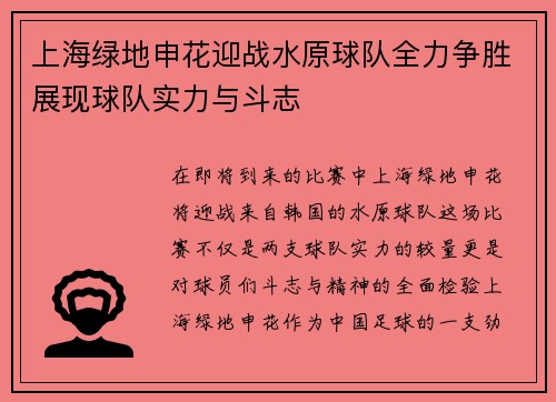 上海绿地申花迎战水原球队全力争胜展现球队实力与斗志