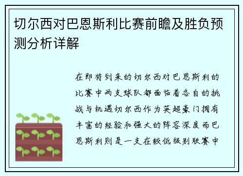 切尔西对巴恩斯利比赛前瞻及胜负预测分析详解