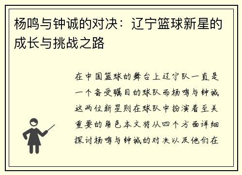 杨鸣与钟诚的对决：辽宁篮球新星的成长与挑战之路