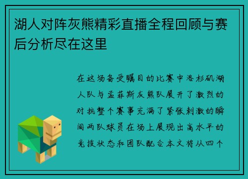 湖人对阵灰熊精彩直播全程回顾与赛后分析尽在这里